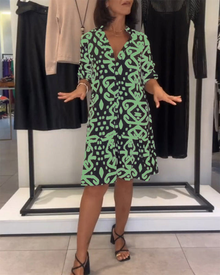 Elegant V-neck Printed Dress - Elena Harper