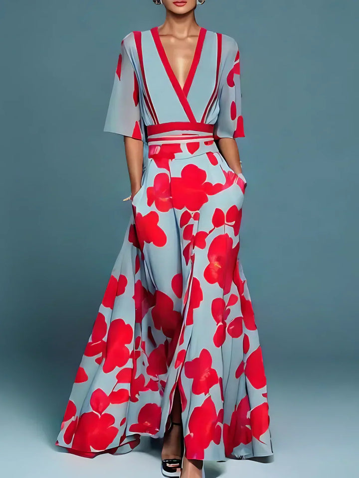 Cosette - Elegant V-Neck Flowy Maxi Dress