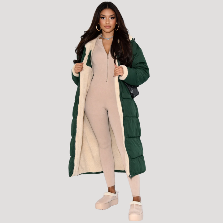 Reversible Long Women's Down Jacket with Borg Lining