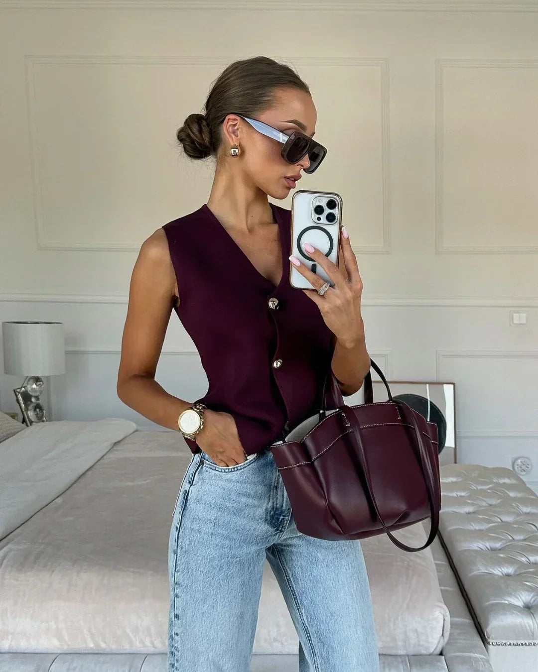 Button Front Knitted Vest Top with Sleeveless Design