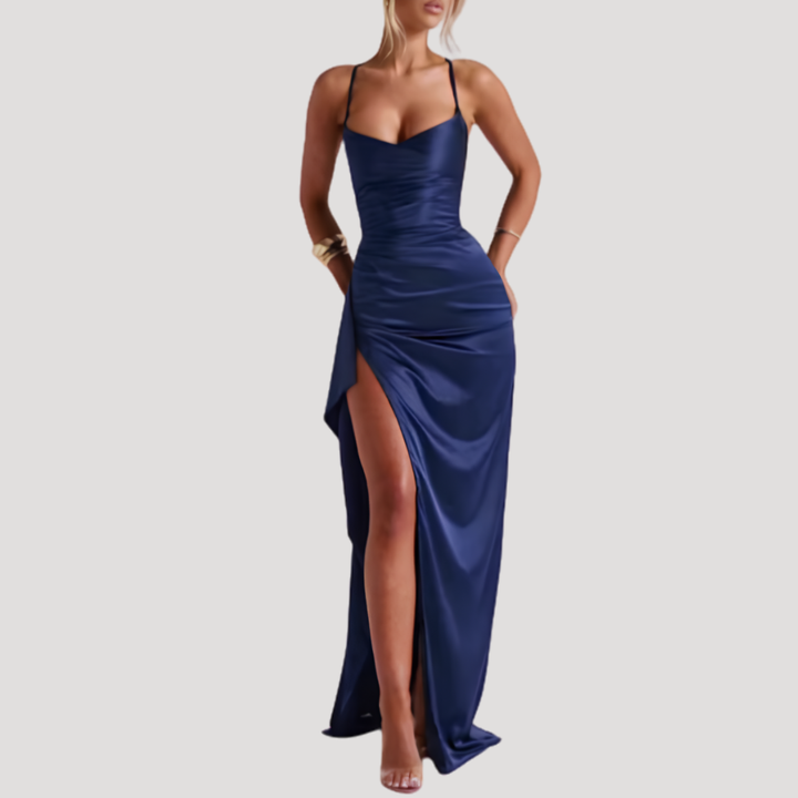 Long Satin Dress for Women with Draped Neckline and High Slit