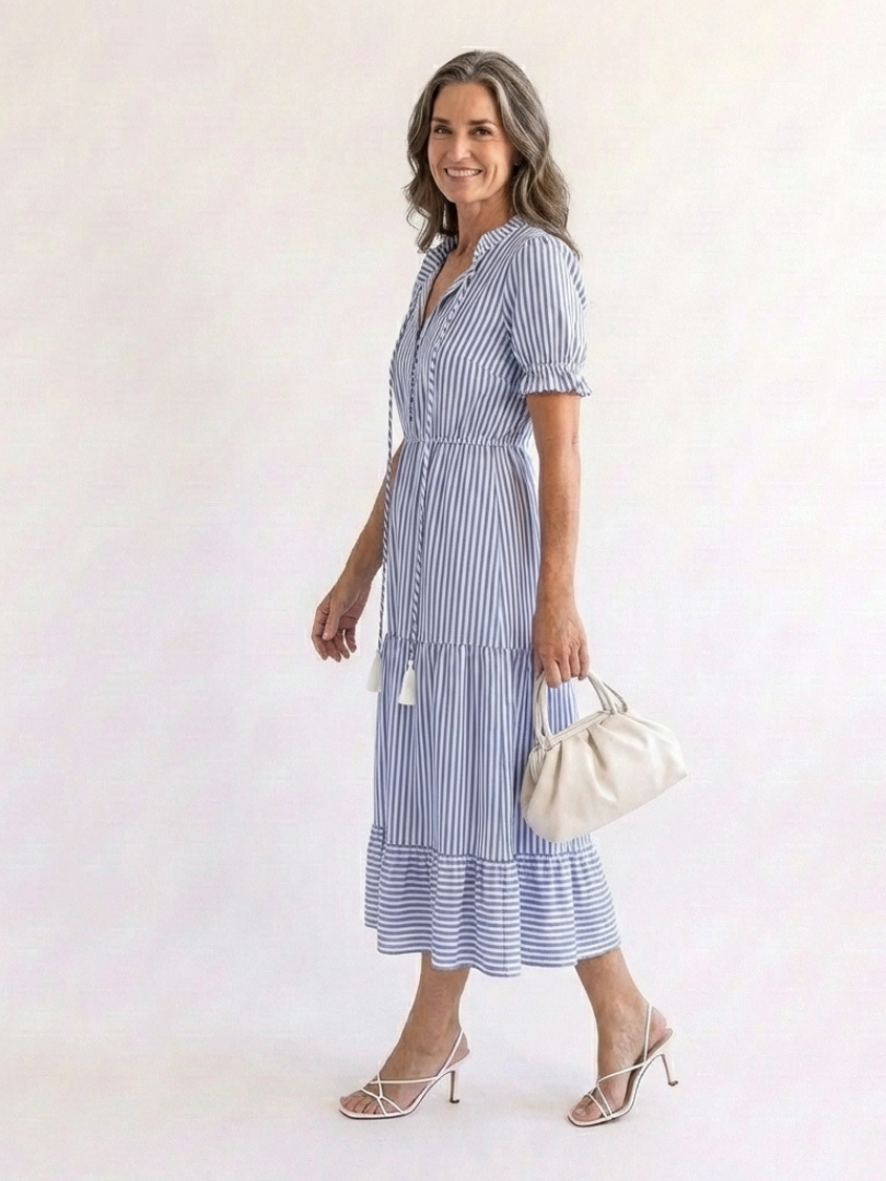 Dakota Short Sleeve Striped Tiered Midi Dress - Elena Harper