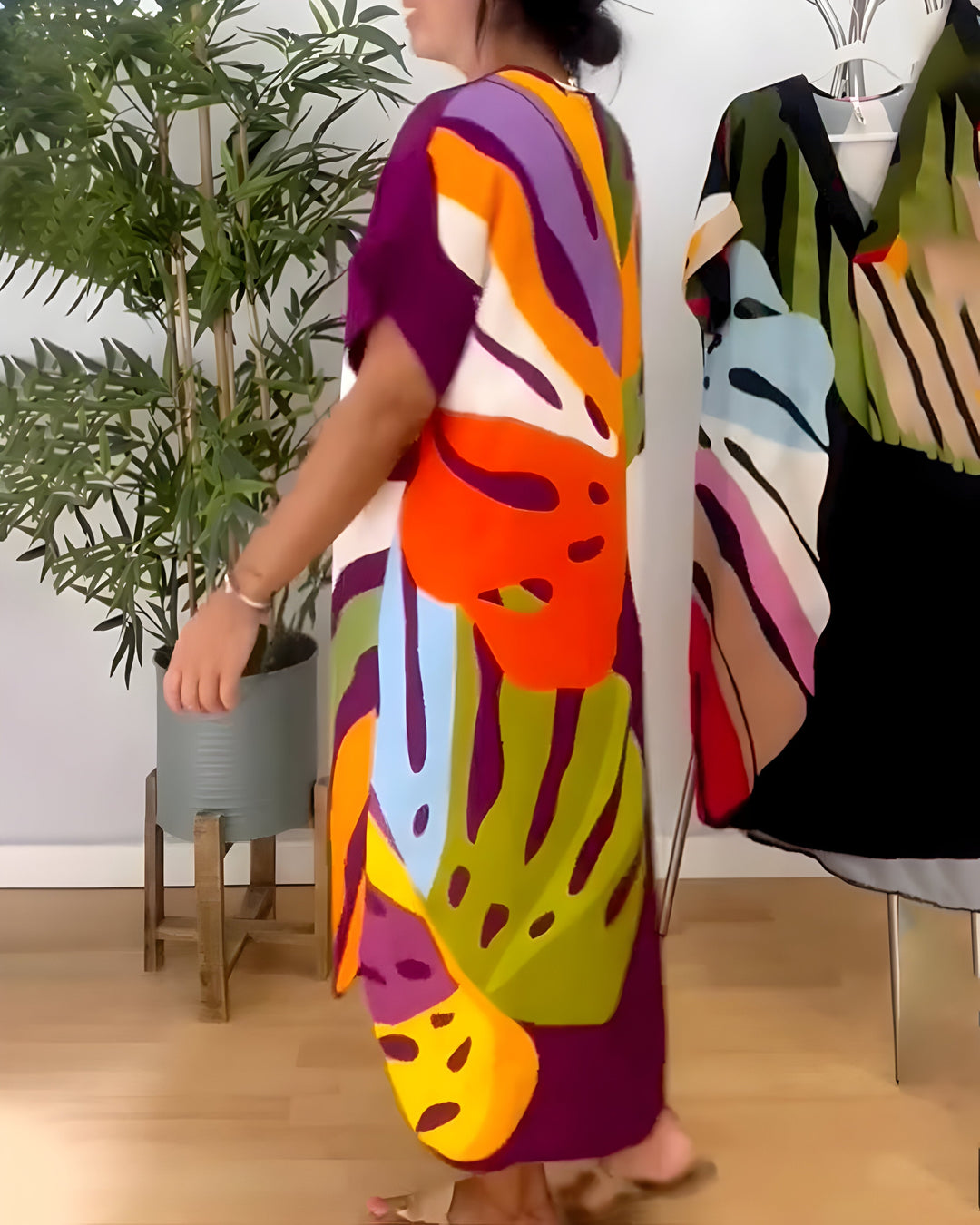 Ailsa Casual Dress with Colorful Leaf Print, view 7 - Elena Harper