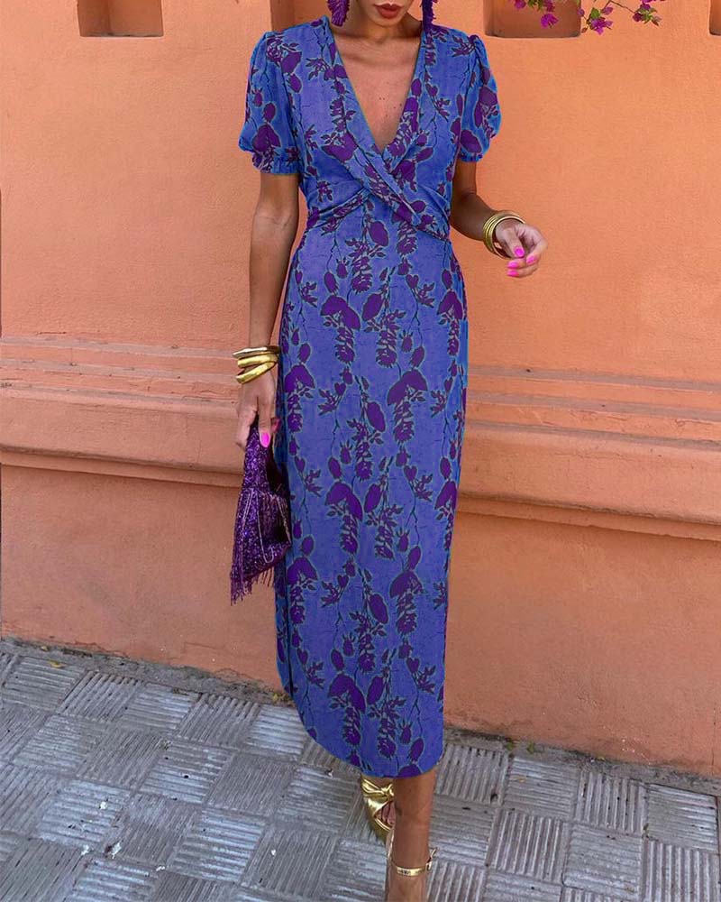 Aria Elegant Deep V-neck Dress With Leaf Pattern - Elena Harper