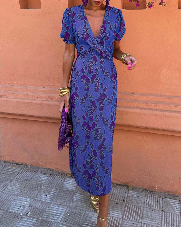 Aria Elegant Deep V-neck Dress With Leaf Pattern - Elena Harper