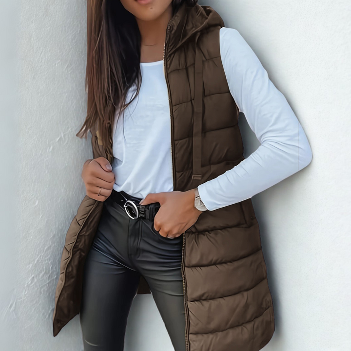 Eirwen Hooded Long Puffer Vest with Lightweight Build for Women - Elena Harper