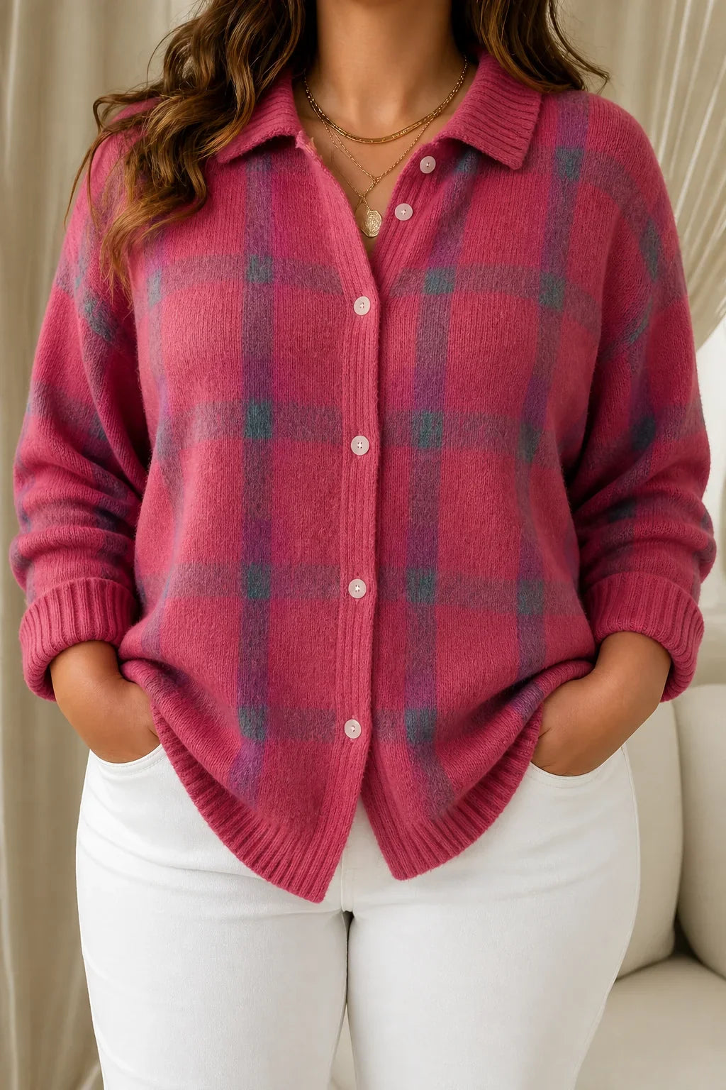 Women's Pink Plaid Collared Cardigan with Button Front - Elena Harper