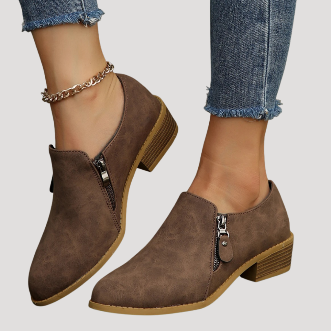 Women's Low Heel Ankle Boots with Zipper Details
