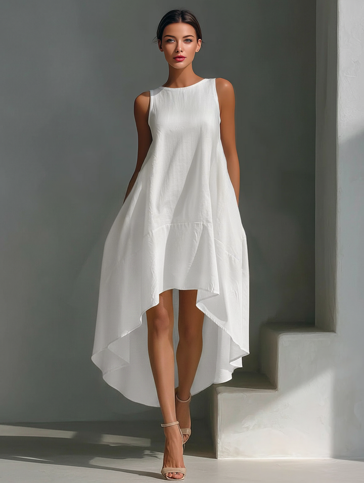 White Linen Sleeveless Midi Dress for Women with Round Neck and Asymmetrical Hem, view 2 - Elena Harper