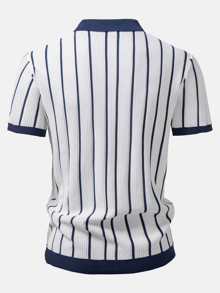 STRIPED KNIT SHIRT WITH BUTTONS & STRAIGHT LINEN PANTS