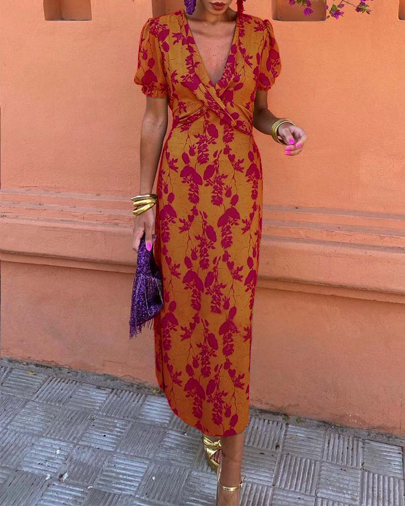 Aria Elegant Deep V-neck Dress With Leaf Pattern - Elena Harper