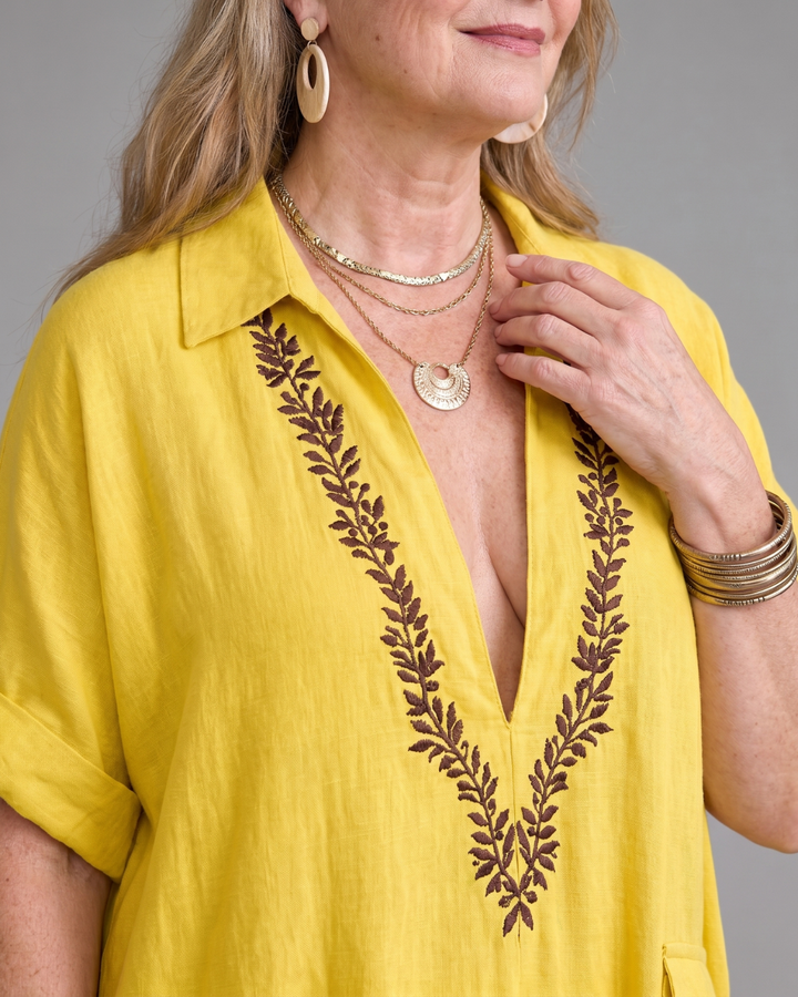Elakeja Embroidered V Neck Pocket Detail Relaxed Midi Dress - Elena Harper
