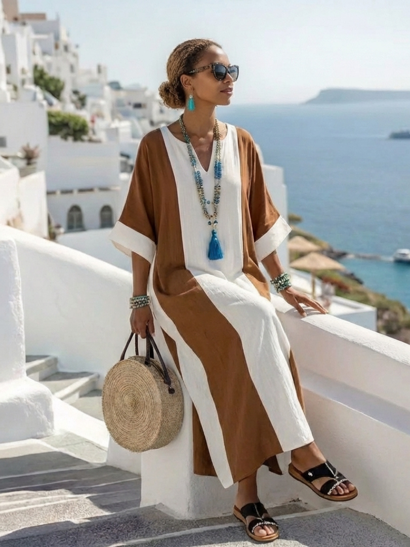 Calindra Short Sleeve Color Block Relaxed Maxi Dress - Elena Harper