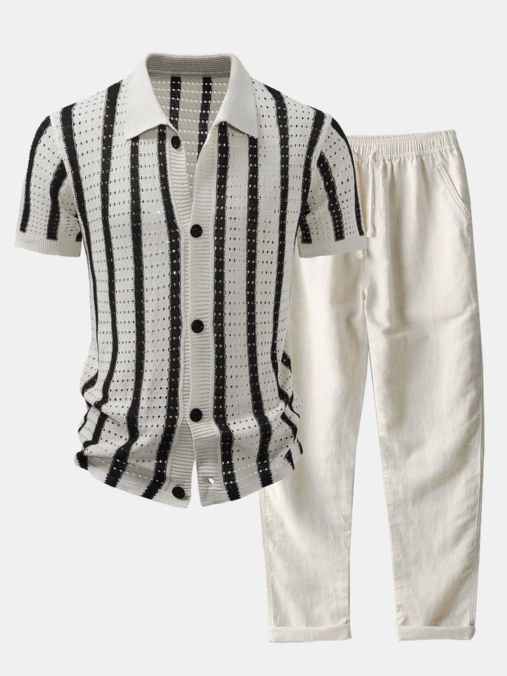 STRIPED SHIRT WITH KNITTED EYELETS & STRAIGHT LEG LINEN PANTS