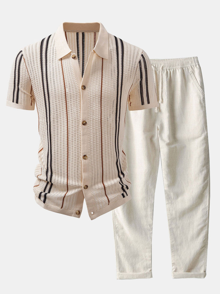 CROCHET STRIPED SHIRT WITH BUTTONS & STRAIGHT LEG LINEN PANTS