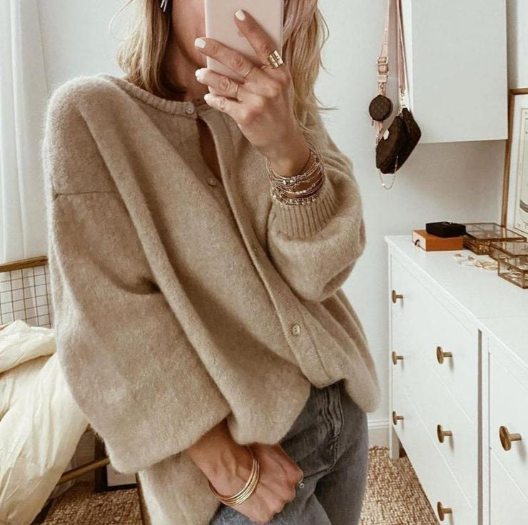 Women's Beige Button-Up Cardigan with Ribbed Trim