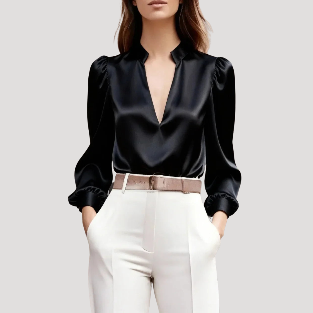 Elegant Women's V-Neck Blouse with Long Sleeves