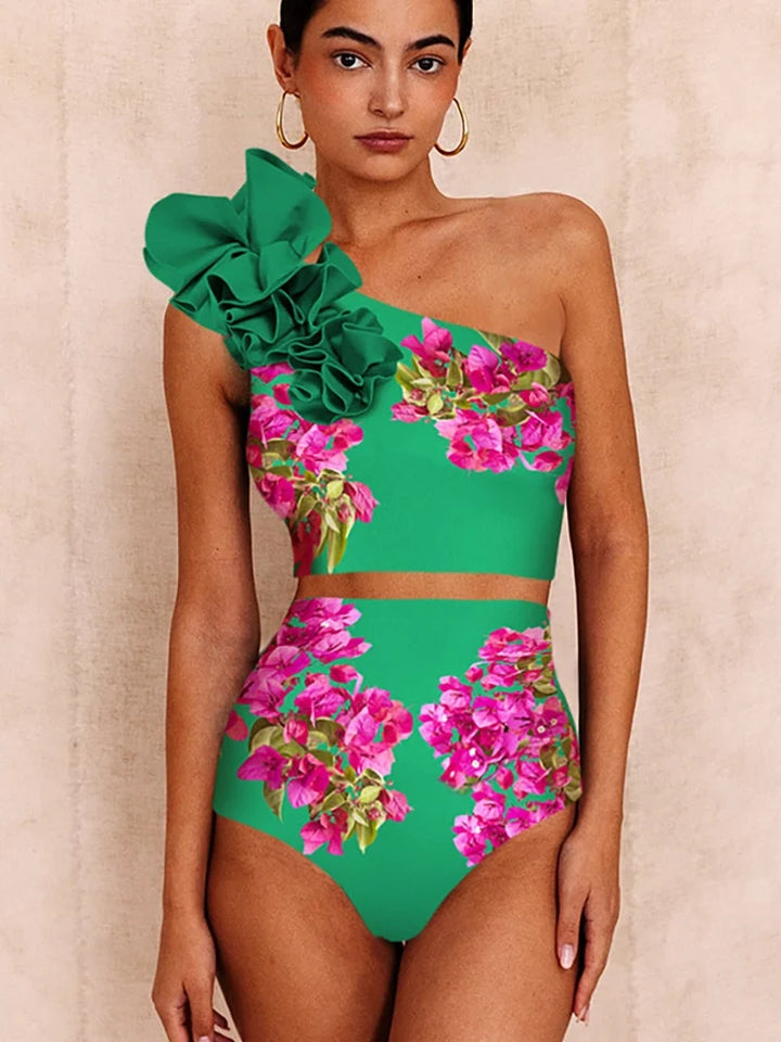 One-Shoulder Printed High-Waist Bikini Set, view 2 - Elena Harper