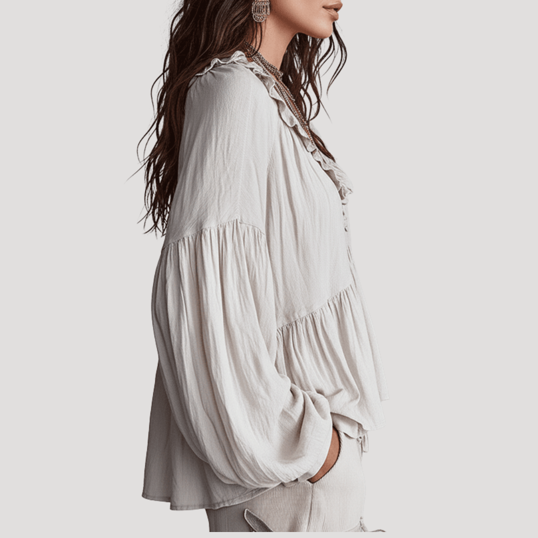 Women's V-Neck Blouse with Ruffles and Long Sleeves