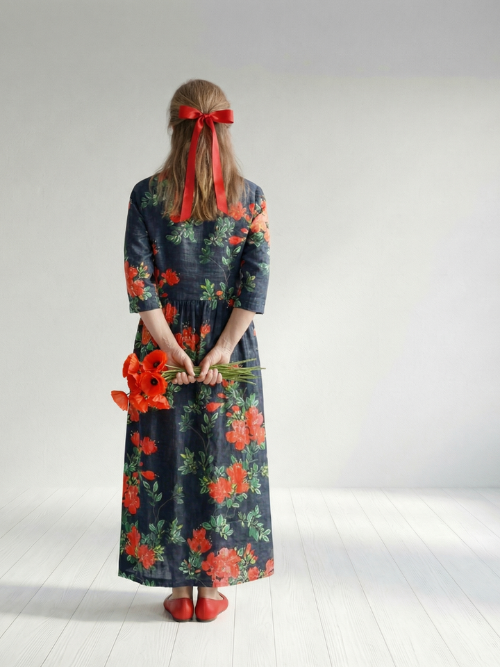 Cyrus Calm Drape Floral Midi Dress - Elena Harper