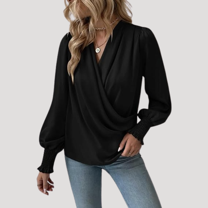 Elegant Women's Wrap Blouse with Puff Sleeves