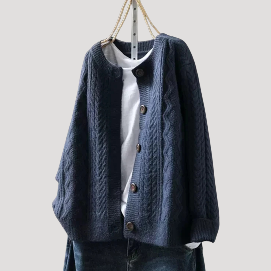 Women's Twisted Knit Cardigan with Round Neck
