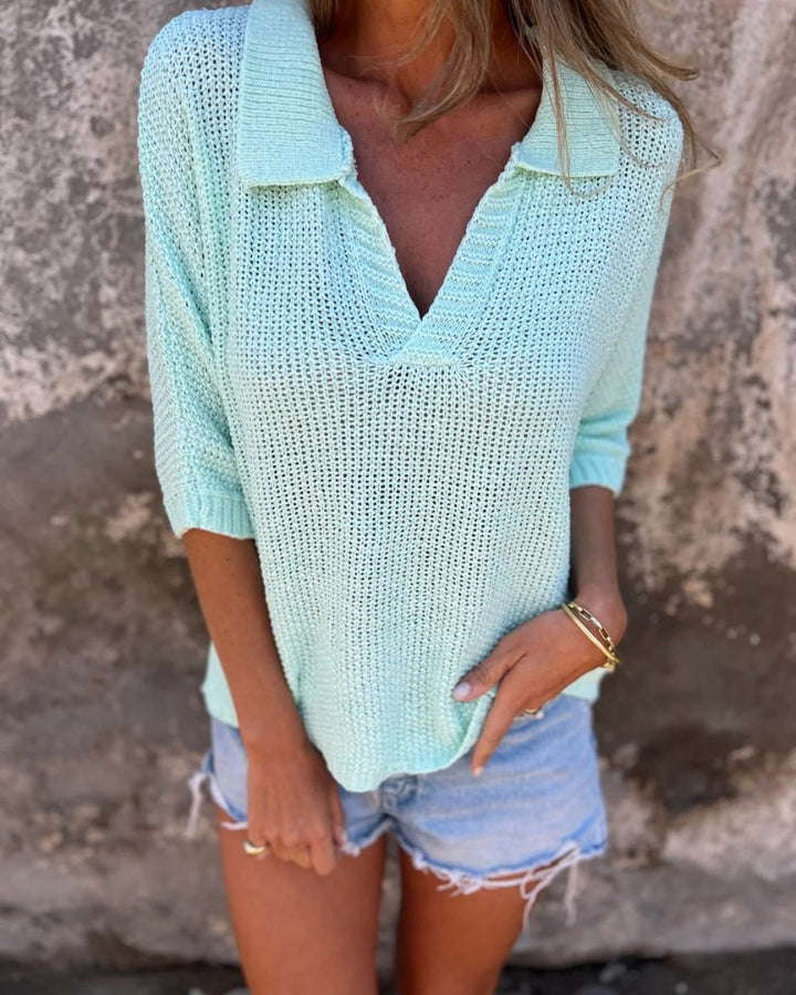 Peyton Casual Knit Long Sleeve V-Neck Pullover - Elena Harper