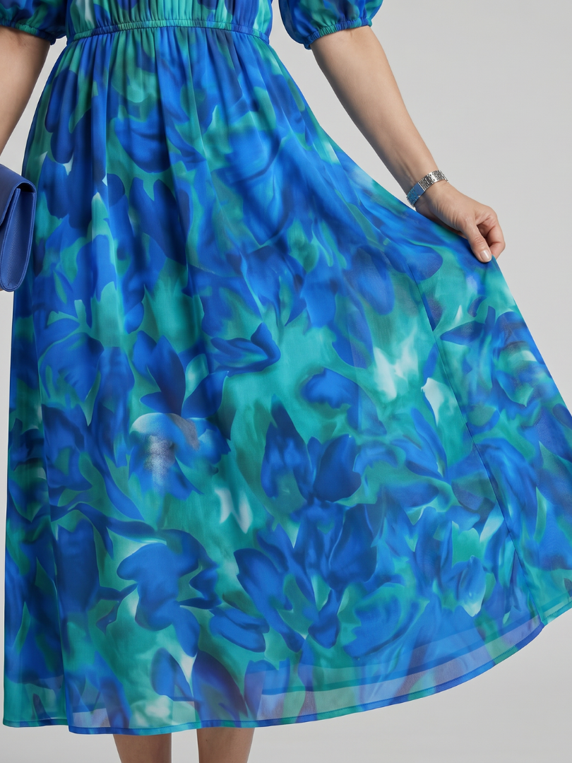 Candlia Puff Sleeve V Neck Abstract Print Midi Dress - Elena Harper