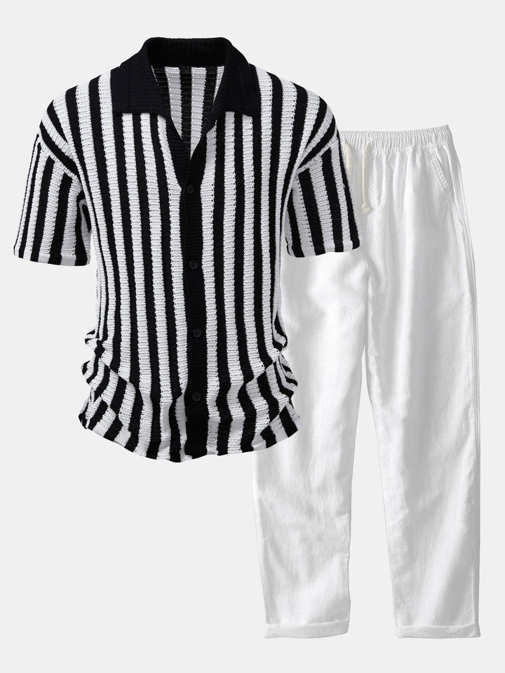 Gradient Shoulder Striped Shirt & Straight Leg Linen Pants - Elena Harper