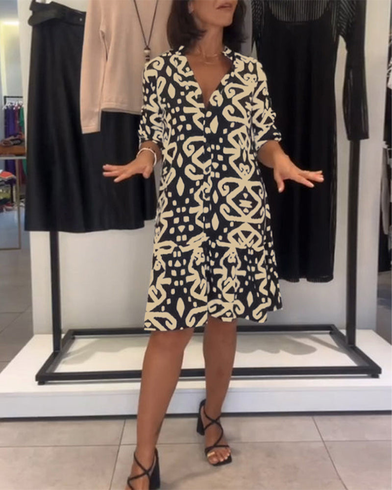 Elegant V-neck Printed Dress - Elena Harper