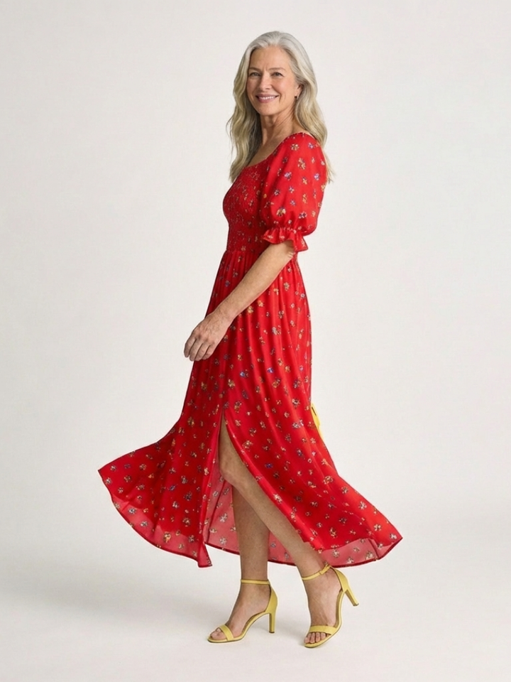 Delphine Square Neck Floral Puff Sleeve Midi Dress - Elena Harper