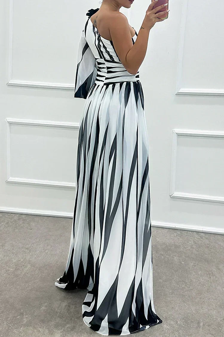 Aurora Elegant Striped Dress with One Shoulder - Elena Harper
