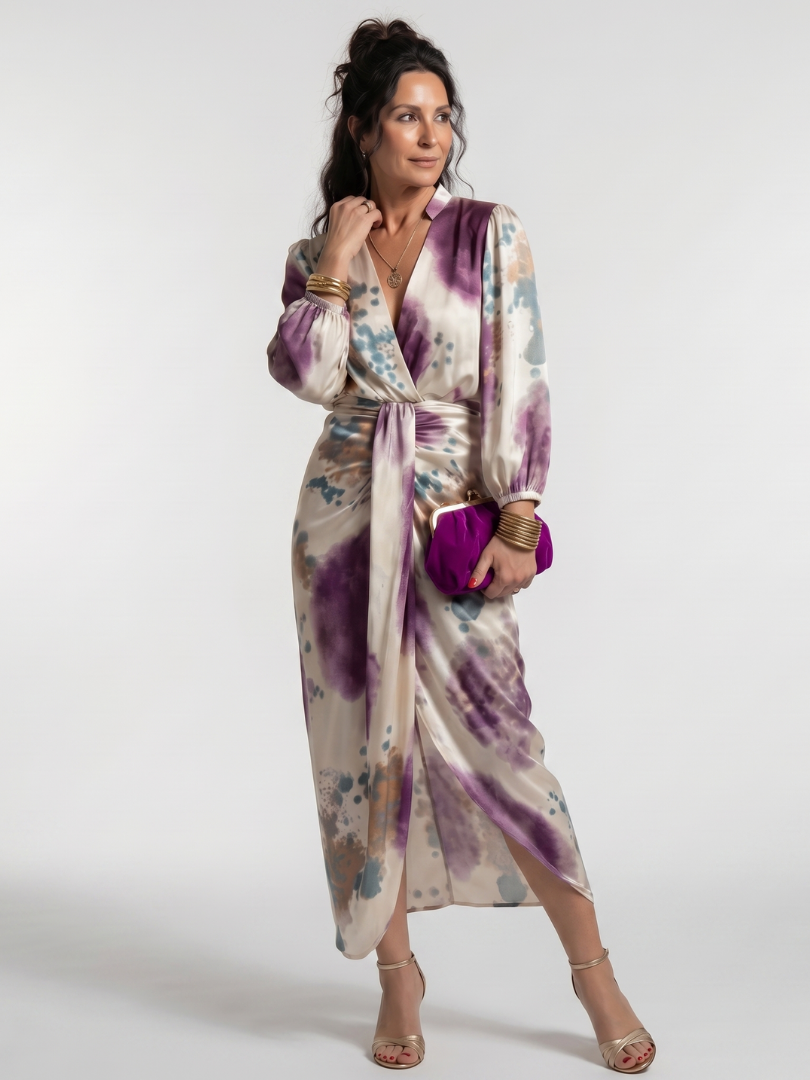Women's Printed Cross Wrap Tie Waist Midi Dress