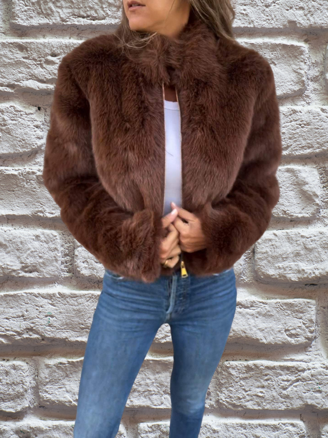 Short Zipped Women's Jacket with Long Sleeves and Faux Fur
