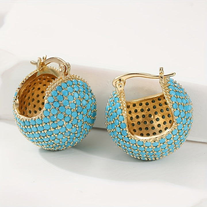 Classic Retro Style Gold Turquoise Dome Hoop Earrings - Elena Harper