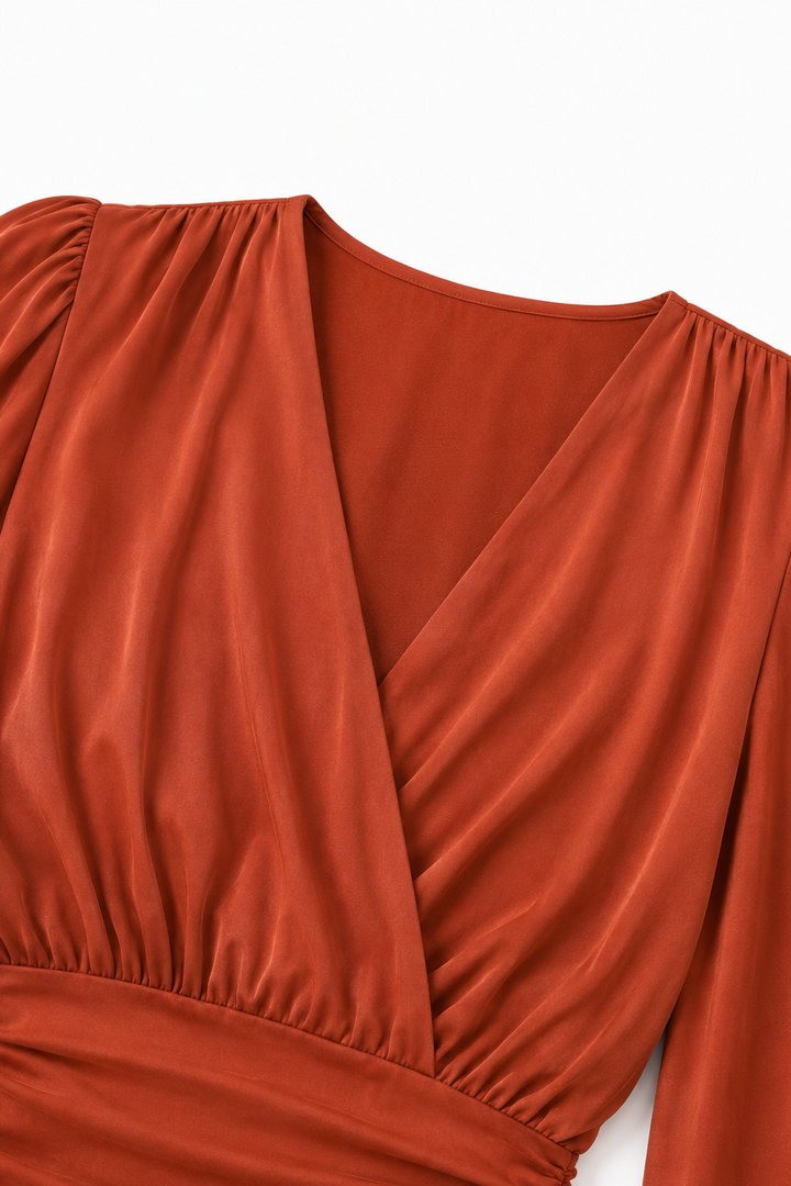 Cinchelle Ruched Waist Puff Sleeve Chiffon Look Blouse - Elena Harper