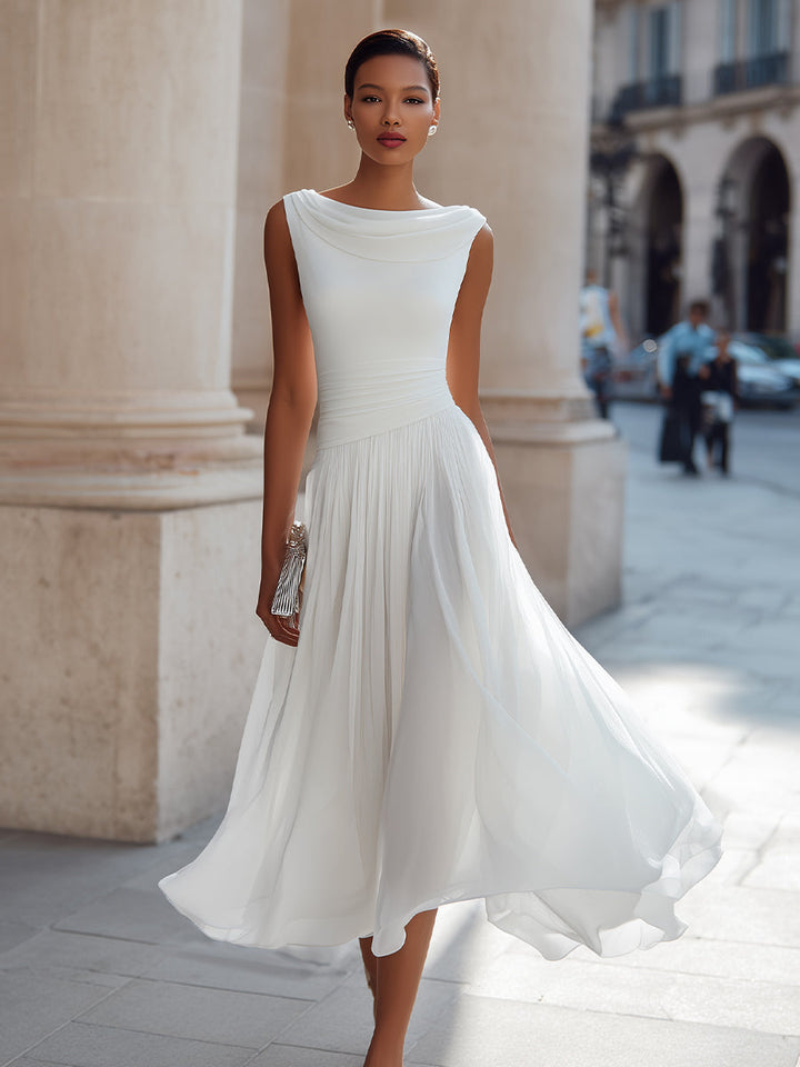 Draped Neck Sleeveless Pleated Midi Dress - Elena Harper