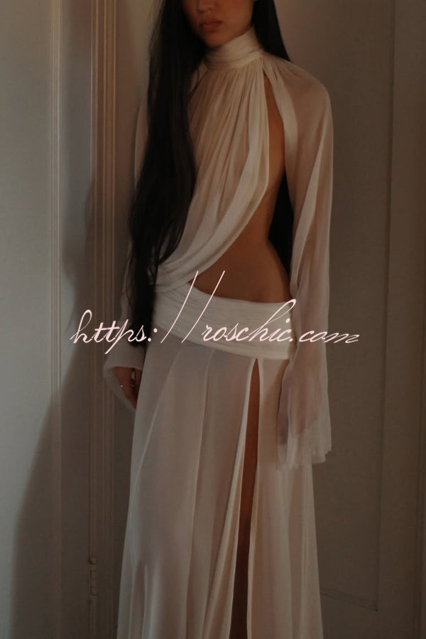 Sexy See-through High-neck Long-sleeved Draped Top and High-waisted Slit Maxi Skirt Vacation Set, view 7 - Elena Harper
