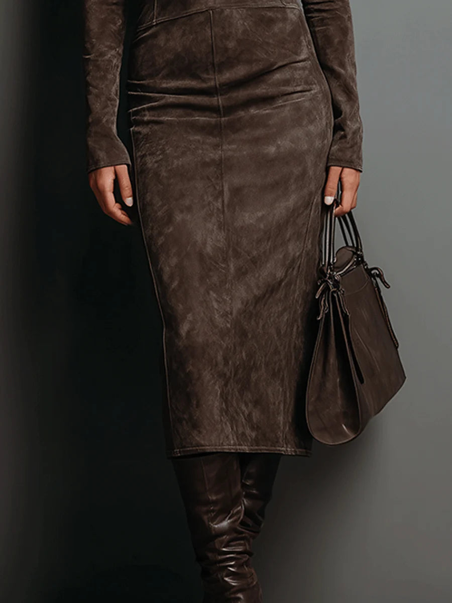 Robine Long Sleeve Suede Midi Dress - Elena Harper