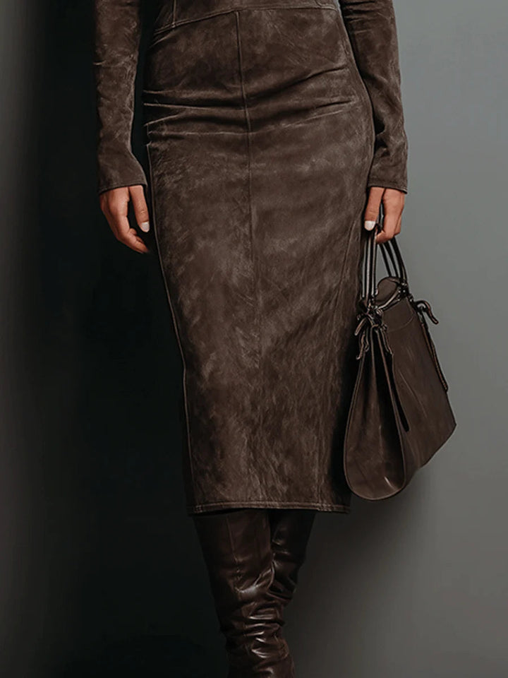 Robine Long Sleeve Suede Midi Dress - Elena Harper