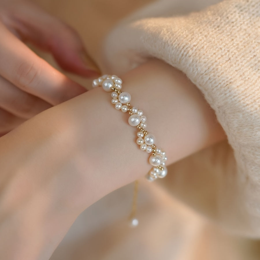 Classic Pearl Beaded Cat Paw Gold Plated Adjustable Bracelet - Elena Harper