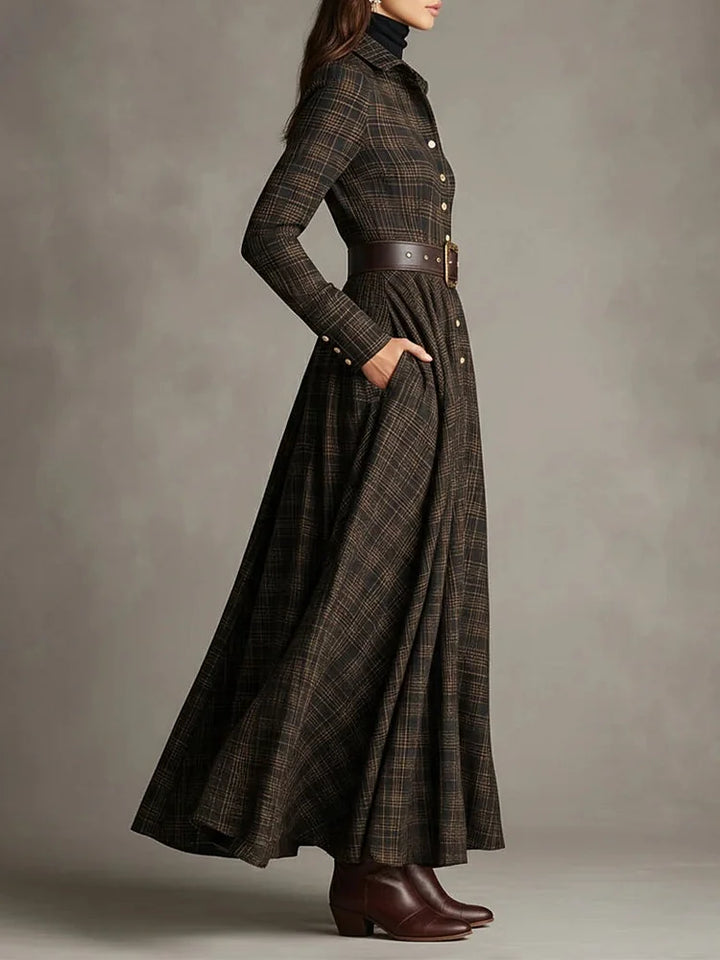 Brown and black striped long shirt dress with lapels - Elena Harper