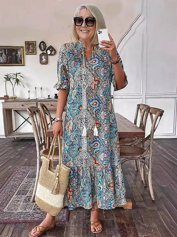 Carolette Boho Drawstring Neck Maxi Dress - Elena Harper