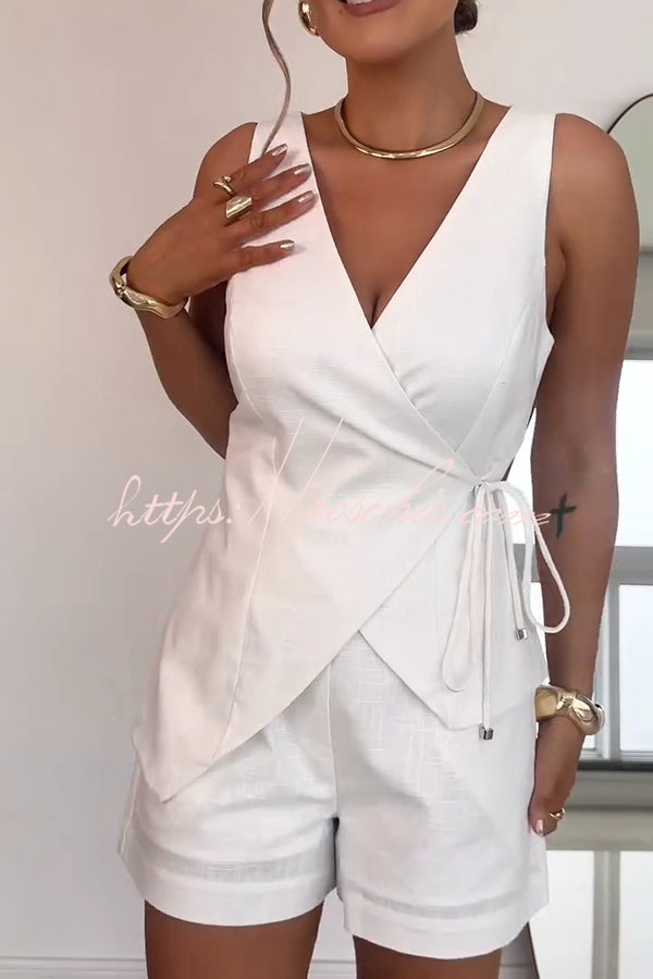 Solid Color Casual Sleeveless V-neck Top and Loose Shorts Set, view 7 - Elena Harper