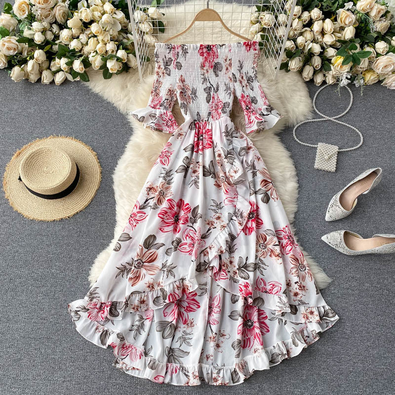 Women’s Midi Dress with Off-Shoulder, Short Sleeves, and Ruffles – Summer Style
