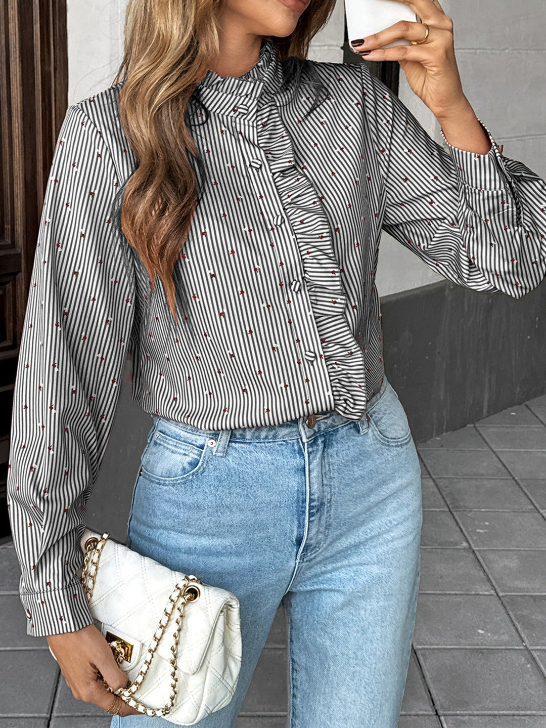 Long Sleeve Women's Blouse with Ruffles and High Neck - Lorena