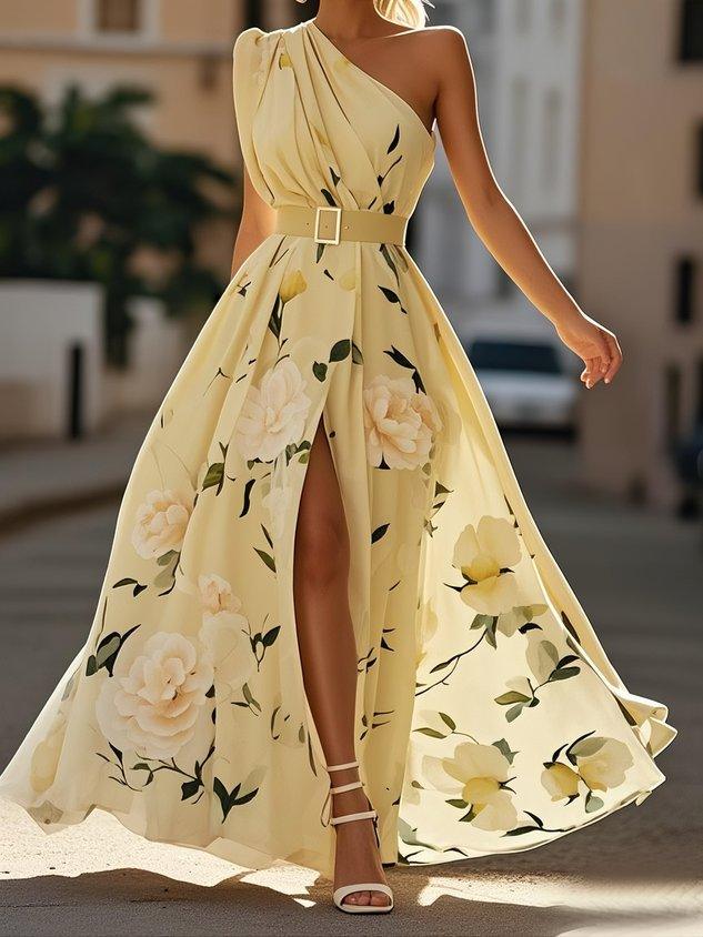 Julie Light Green Floral Chiffon One-Shoulder Maxi Dress - Elena Harper