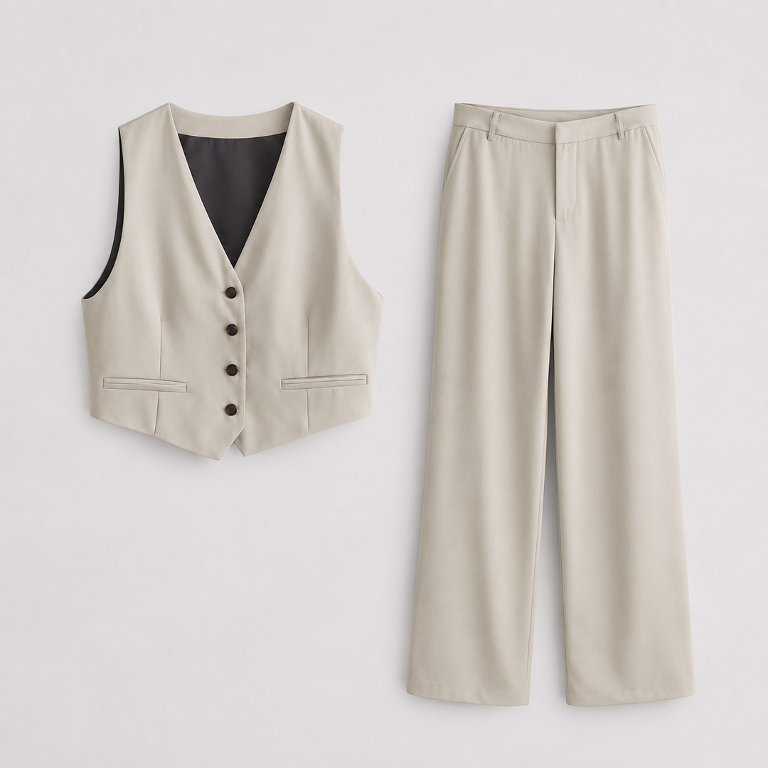 Beige Waistcoat and Wide Leg Trouser Set