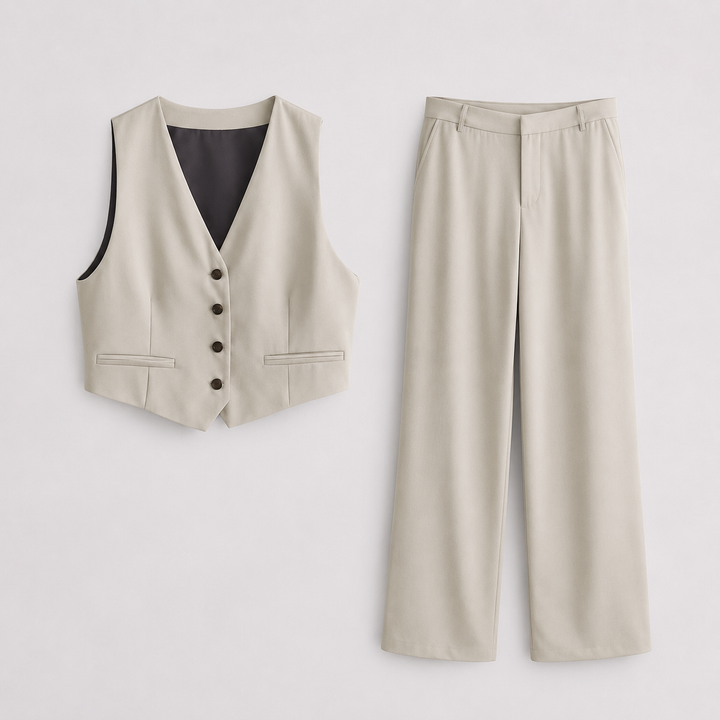 Beige Waistcoat and Wide Leg Trouser Set
