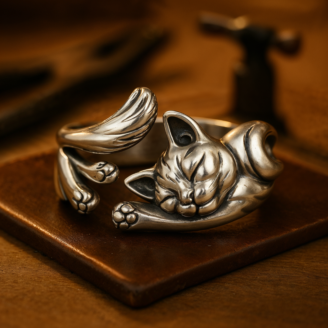 Vintage Silver Ring with Cat - Elena Harper